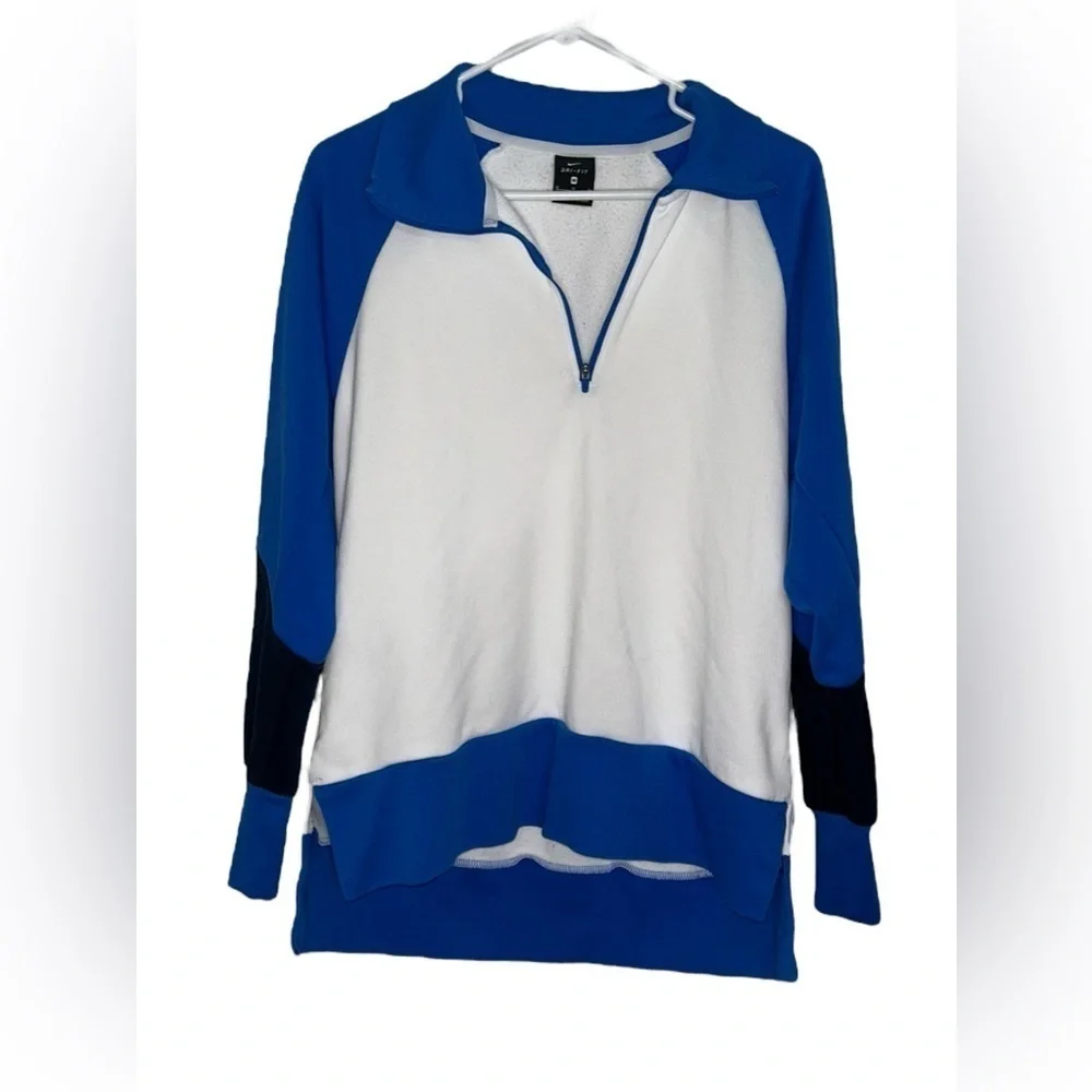 Nike Dri Fit 1/4 Zip Hi Low Sweatshirt Blue White Long Sleeve Women Size Medium